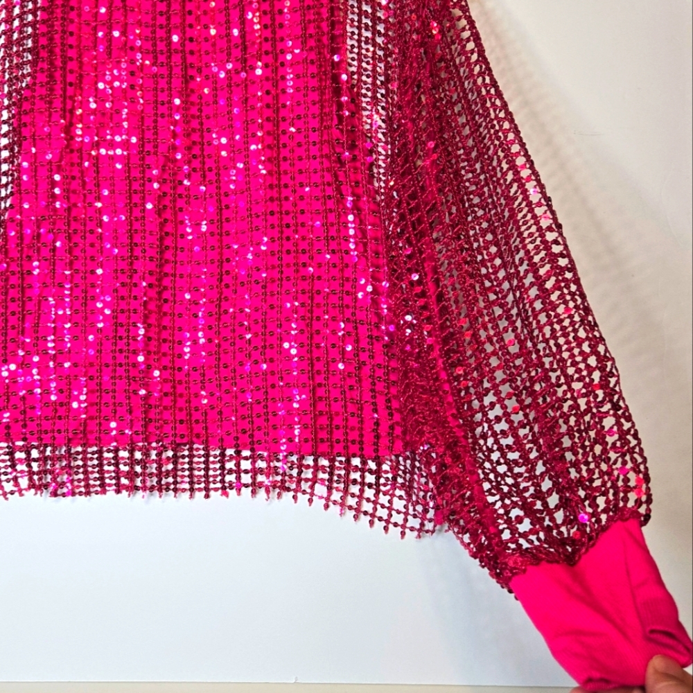 Pilcro Anthropologie Raspberry Pink Mesh Sequin Party Blouse Size Medium - Picture 5 of 13